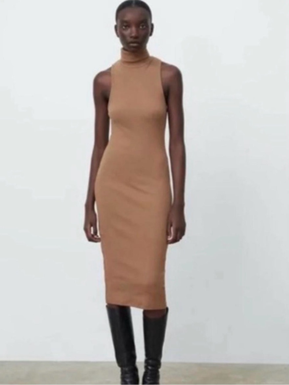 Zara Camel Ribbed Knit Sleeveless Turtleneck Midi Dress Size Large
